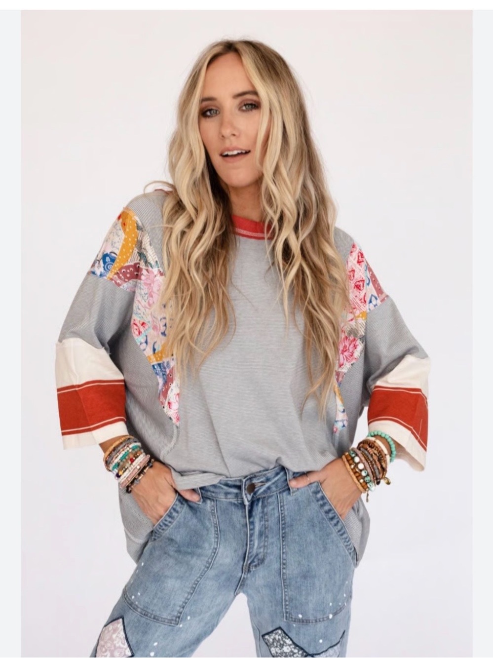 Three Bird Nest Britt Boho Patchwork Gray Women's Top